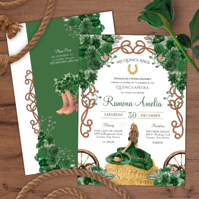 Green Floral Western Ranch Charra Quinceañera  Invitation (Creator Uploaded)