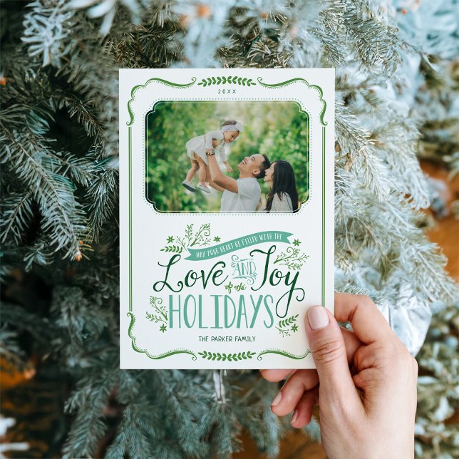 Green Floral Whimsy 2 Photo Flat Holiday Card (Creator Uploaded)