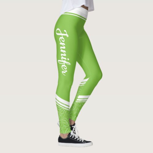 Green floral white stripes and name modern girly leggings