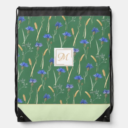 Green Floral Wildflower Customized Monogram Drawstring Bag