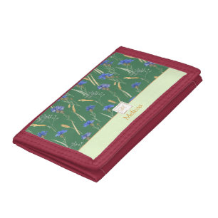 Green Floral Wildflower Customized Monogram Name Trifold Wallet