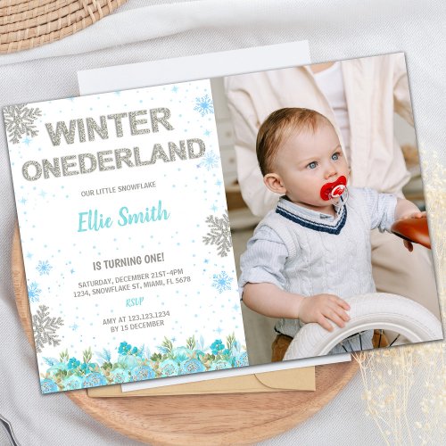 Green Floral Winter ONEderland Invitations photo