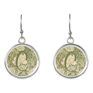 Green Floral Wm Morris Design Monogram Earrings