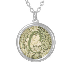 Green Floral Wm Morris Design Monogram Silver Plated Necklace