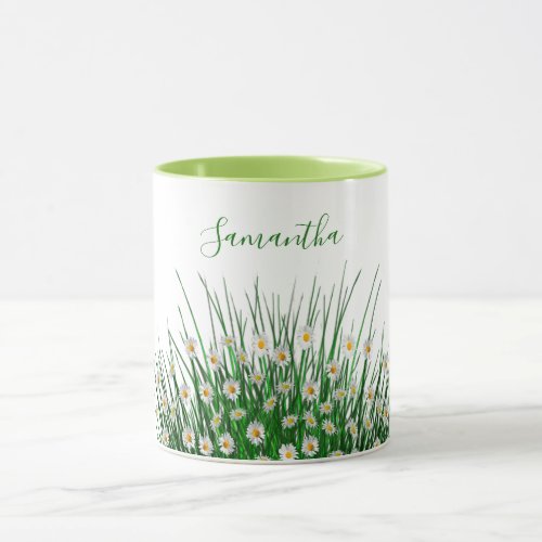 Green florals flowers meadow white name mug