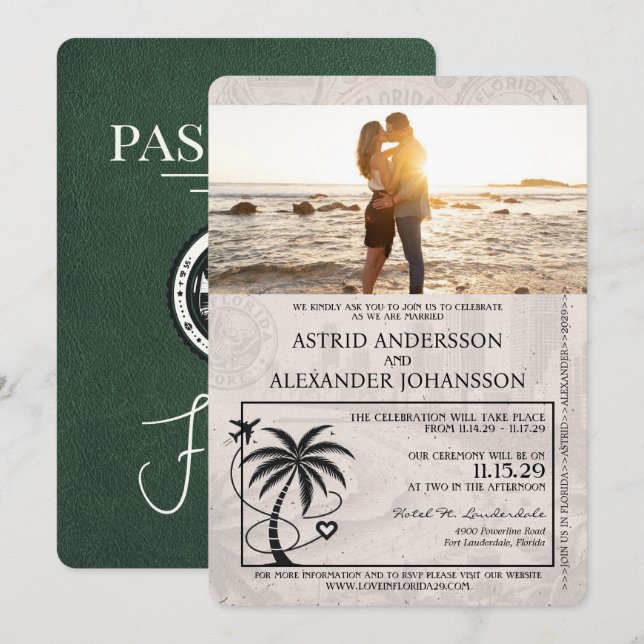 Green Florida Passport Wedding Invitation (Front/Back)