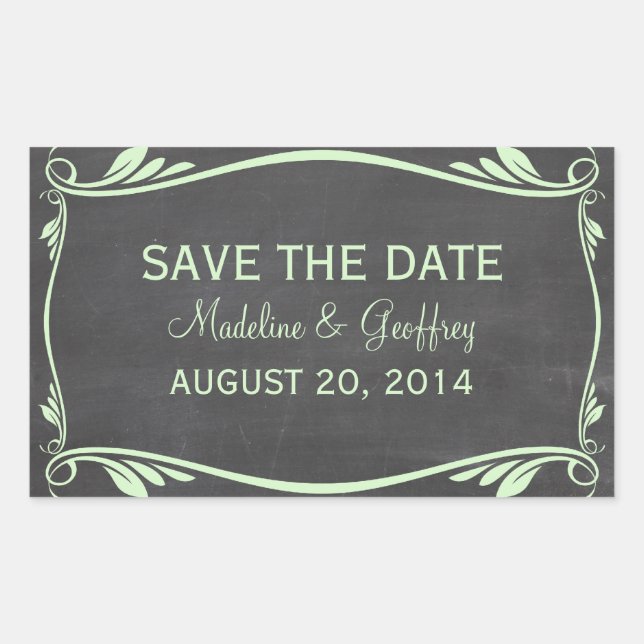 Green Flourish Chalkboard Save the Date Stickers (Front)