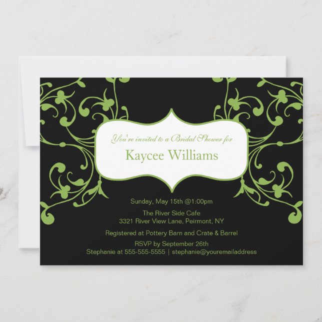 Green Flourish on Black Bridal Shower Invitation (Front)
