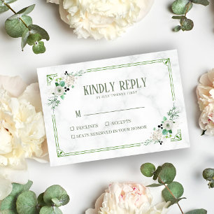 Green Flower and white Marble Wedding RSVP Card