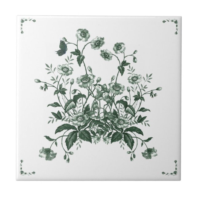 Green Flower Bush Toile Inspired Decorative Tile (Front)
