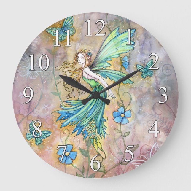 Green Flower Fairy and Butterflies Wall Clock (Front)