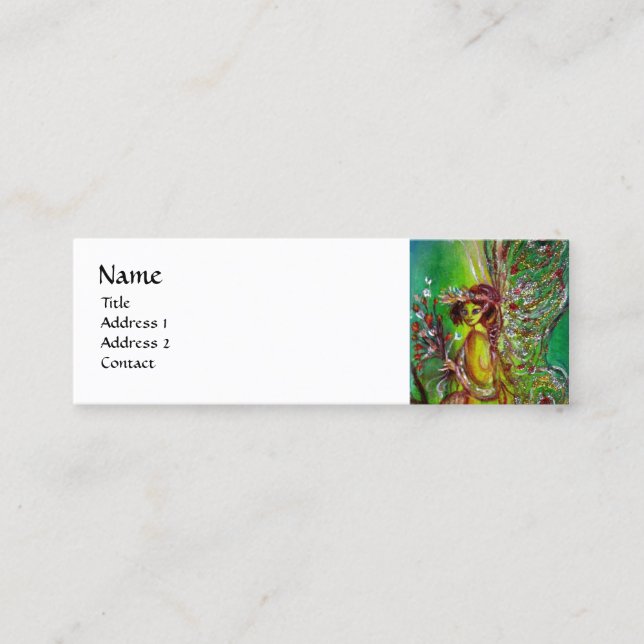 GREEN FLOWER FAIRY IN THE NIGHT fantasy Mini Business Card (Front)