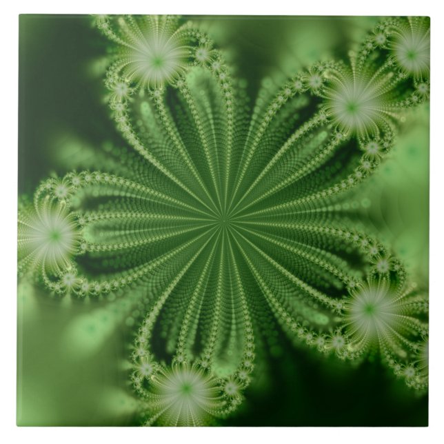 Green Flower Fractal Ceramic Tile (Front)