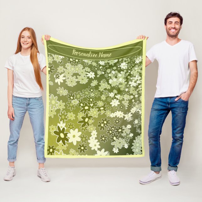 Green Flower & Leaf Pattern Personalize Fleece Blanket (In Situ)