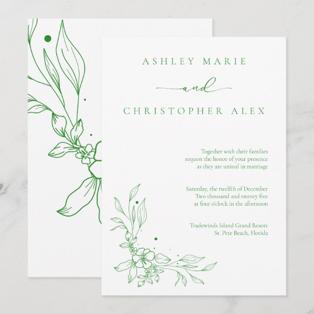Green Flower Neutral Wedding Invitation (Front/Back)
