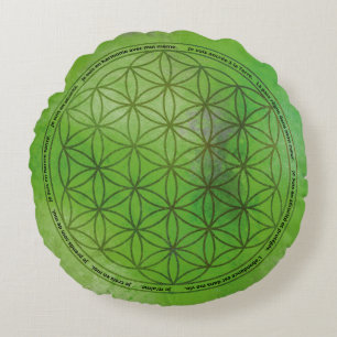 Green Flower of Life Positive Affirmations Round Pillow