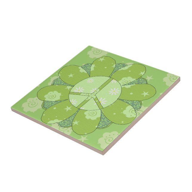 Green Flower Peace Sign Ceramic Tile (Side)