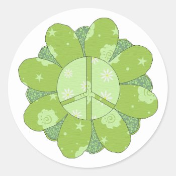 Green Flower Peace Sign Classic Round Sticker by orsobear at Zazzle