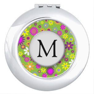 Green Flower Power Pattern Monogram Compact Mirror