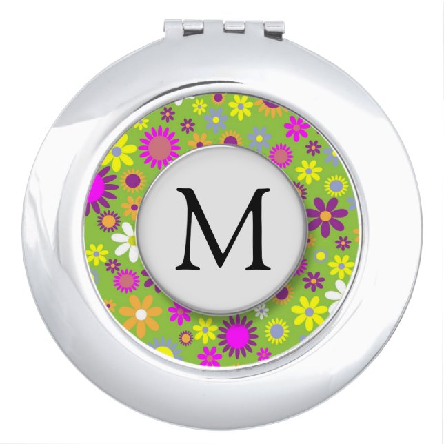 Green Flower Power Pattern Monogram Compact Mirror (Front)