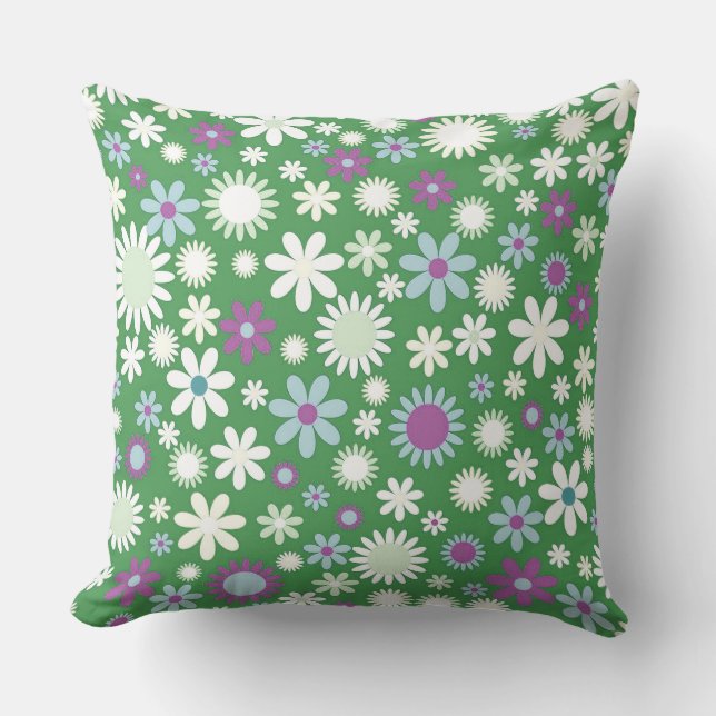 Green Flower Power Throw Pillow (Front)