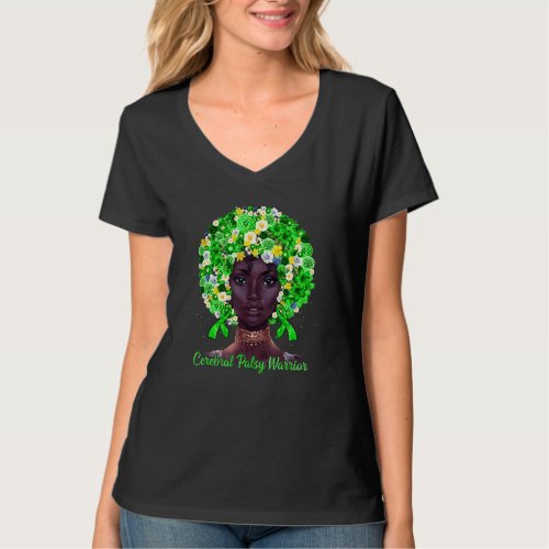 Green Flowers Afro Hair Black Woman Cerebral Palsy T_Shirt