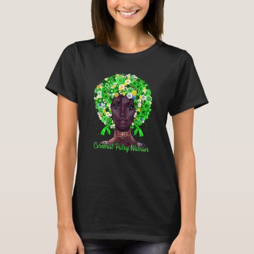 Green Flowers Afro Hair Black Woman Cerebral Palsy T_Shirt