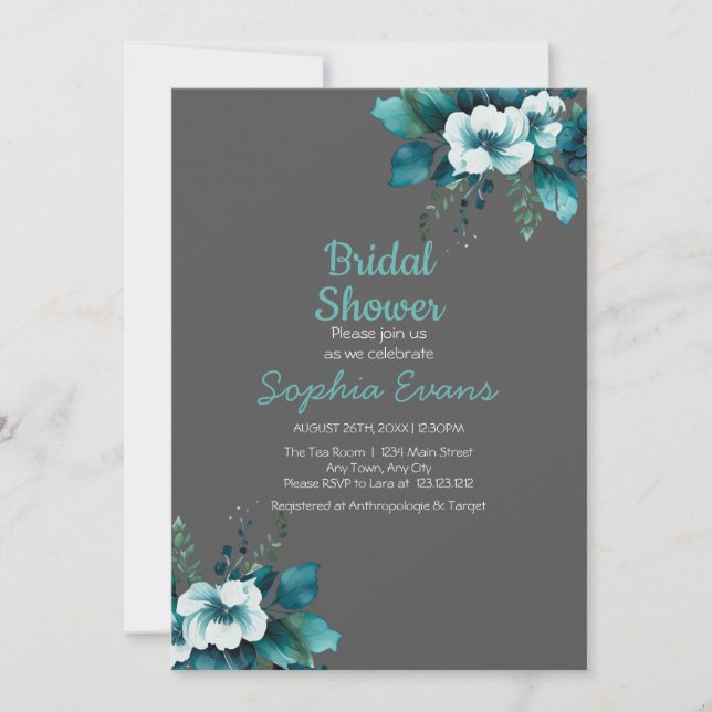 Green Flowers and Leaves Gray Bridal Shower Invitation (Front)