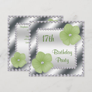 Green Flowers & Diamonds 17th Birthday Invitation