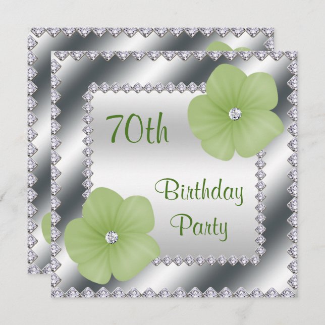 Green Flowers & Diamonds 70th Birthday Invitation (Front/Back)