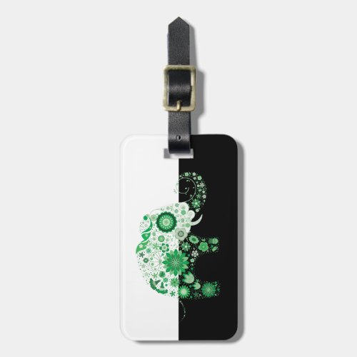 Green Flowers  Elephant Black  White Background Luggage Tag