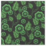 Green flowers/green leaves/Folk art floral/black Fabric