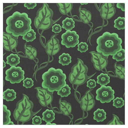 Green flowers/green leaves/Folk art floral/black Fabric