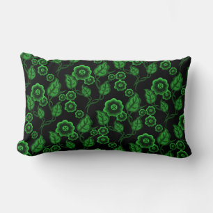 Green flowers, green leaves, Folk art floral/black Lumbar Pillow