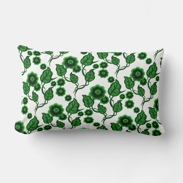 Green flowers, green leaves, Folk art floral Lumbar Pillow (Front)