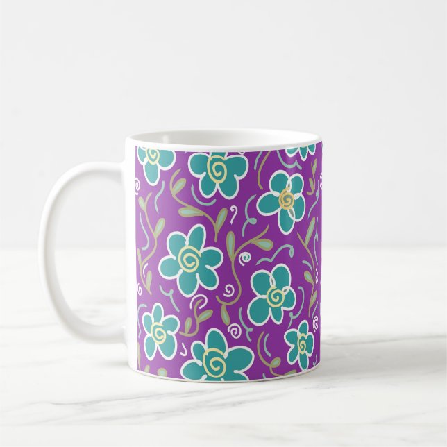 Green flowers on purple design coffee mug (Left)