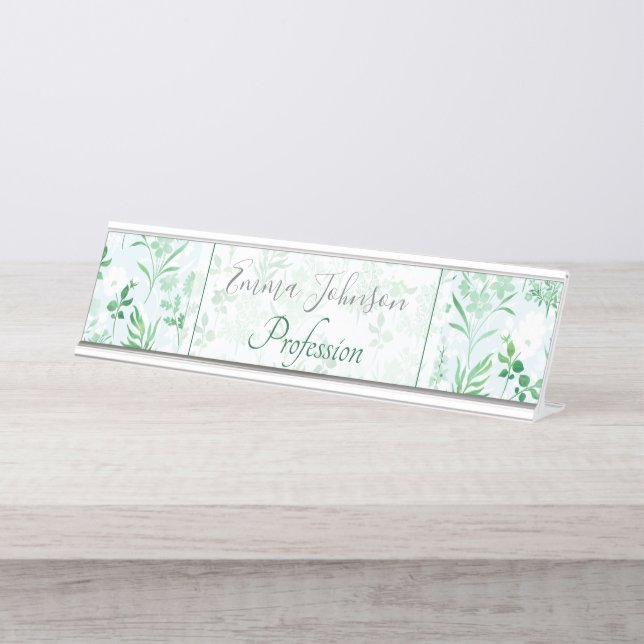 Green Flowers Painting Botanical  Desk Name Plate (Front)