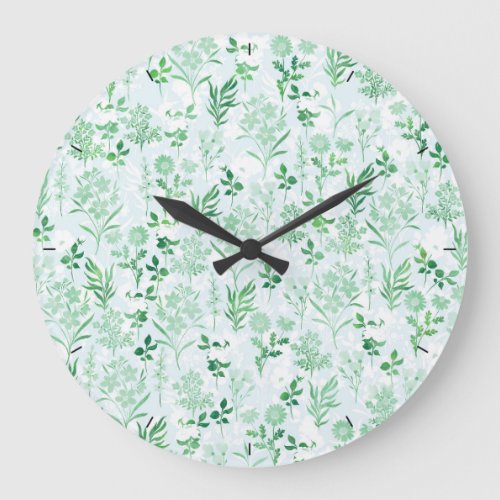 Green Flowers Painting Botanical  Large Clock