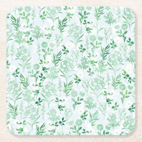 Green Flowers Painting Botanical  Square Paper Coaster