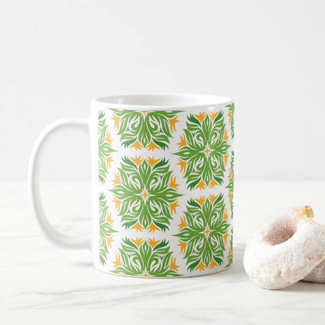 Green Flowers, Pattern Of Flowers, Floral Pattern Coffee Mug (With Donut)