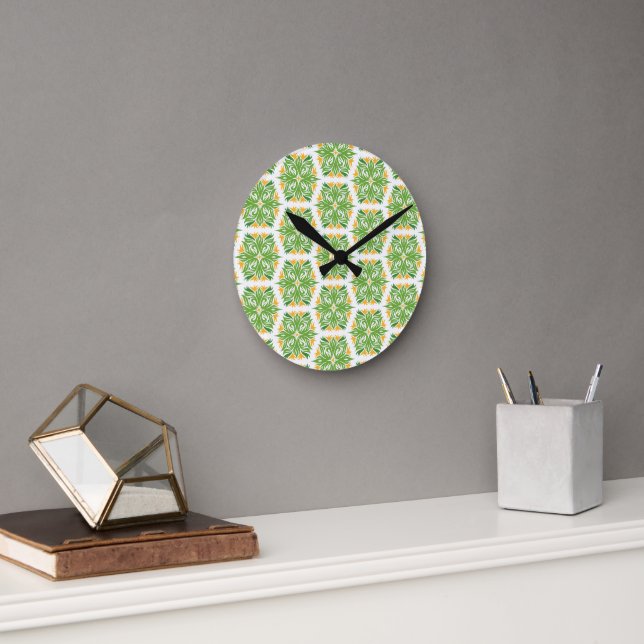 Green Flowers, Pattern Of Flowers, Floral Pattern Round Clock (Office)