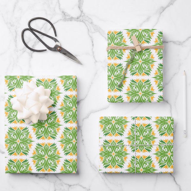 Green Flowers, Pattern Of Flowers, Floral Pattern Wrapping Paper Sheets (Front)