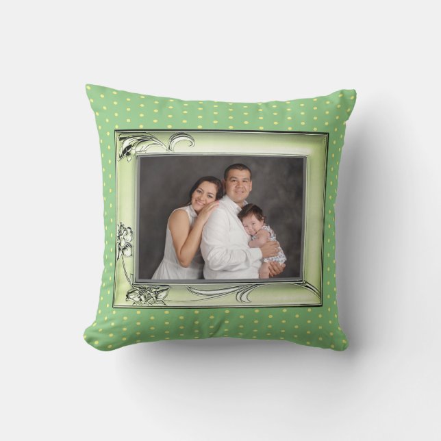 Green Flowers Photo Frame Image Yellow Dots Green Throw Pillow (Front)