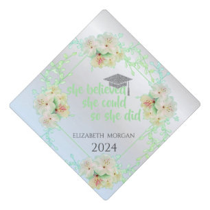 Green Flowers Silver Graduate Cap