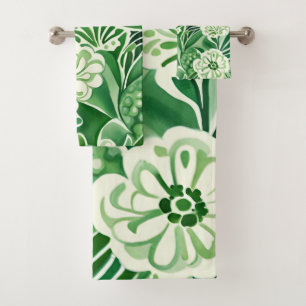 Green flowers, vintage design pattern bath towel set
