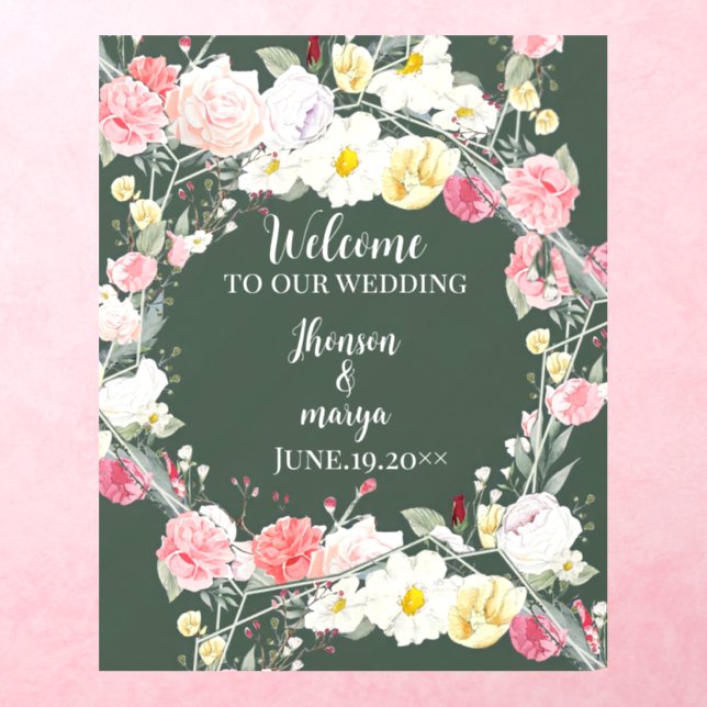 Green Flowers wedding welcome signs Wall Decal (Insitu 3)