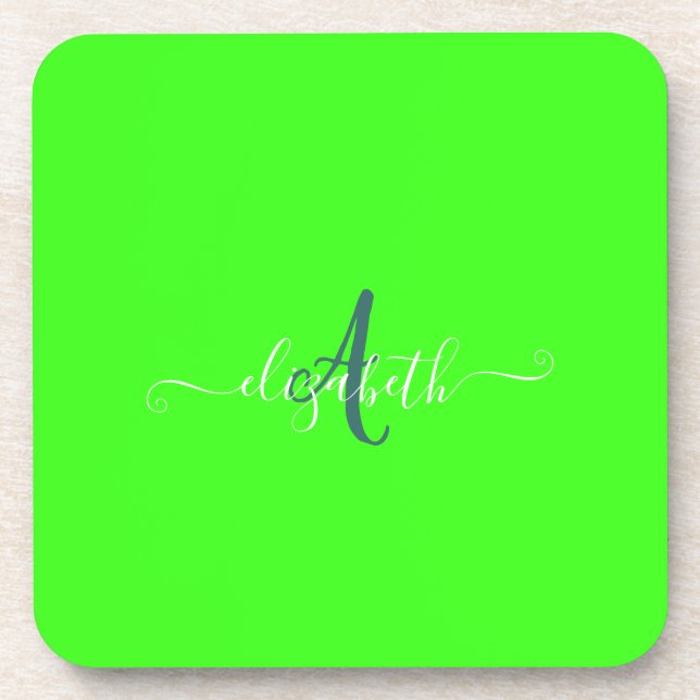 Green Fluorescent Neon Monogram  Beverage Coaster (Front)