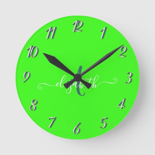 Green Fluorescent Neon Monogram  Round Clock