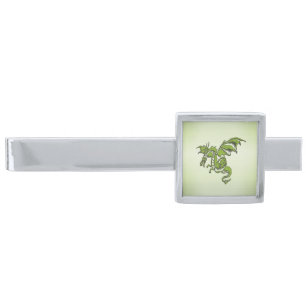 Green Flying Dragon Silver Finish Tie Bar