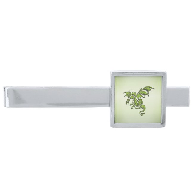 Green Flying Dragon  Silver Finish Tie Bar (Front)